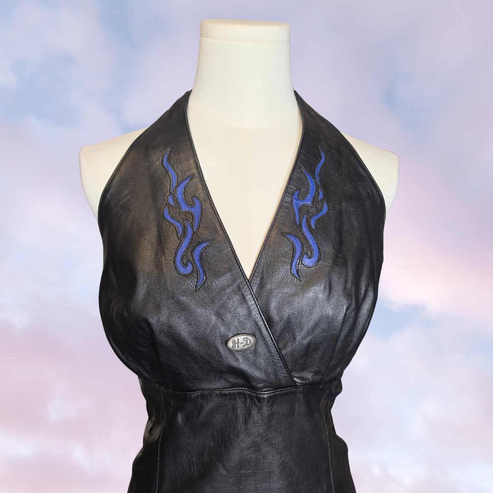 Vtg Harley Davidson Black Leather Halter Biker Punk Blue Flame Mini Dress 10 - Picture 2 of 7